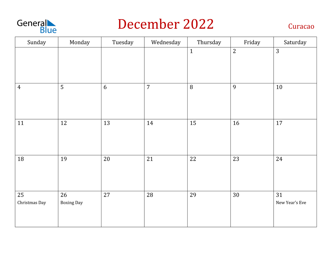 December 2022 Calendar - Curacao Printable Calendar December 2022