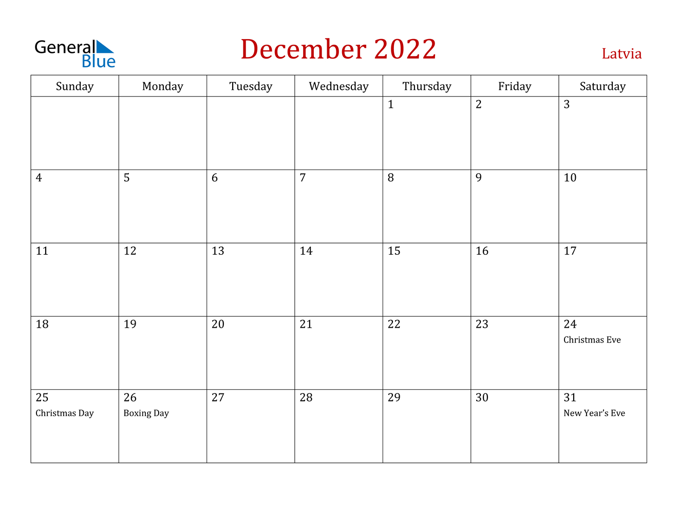 December 2022 Calendar - Latvia Printable Calendar December 2022