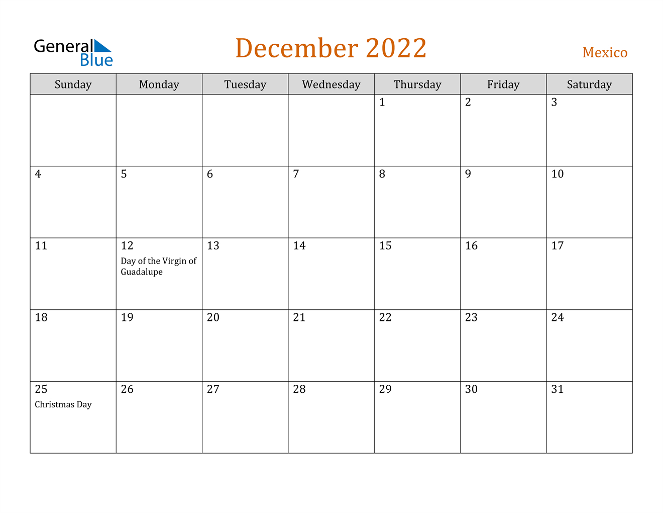 December 2022 Calendar - Mexico Free Printable Monthly Calendar December 2022