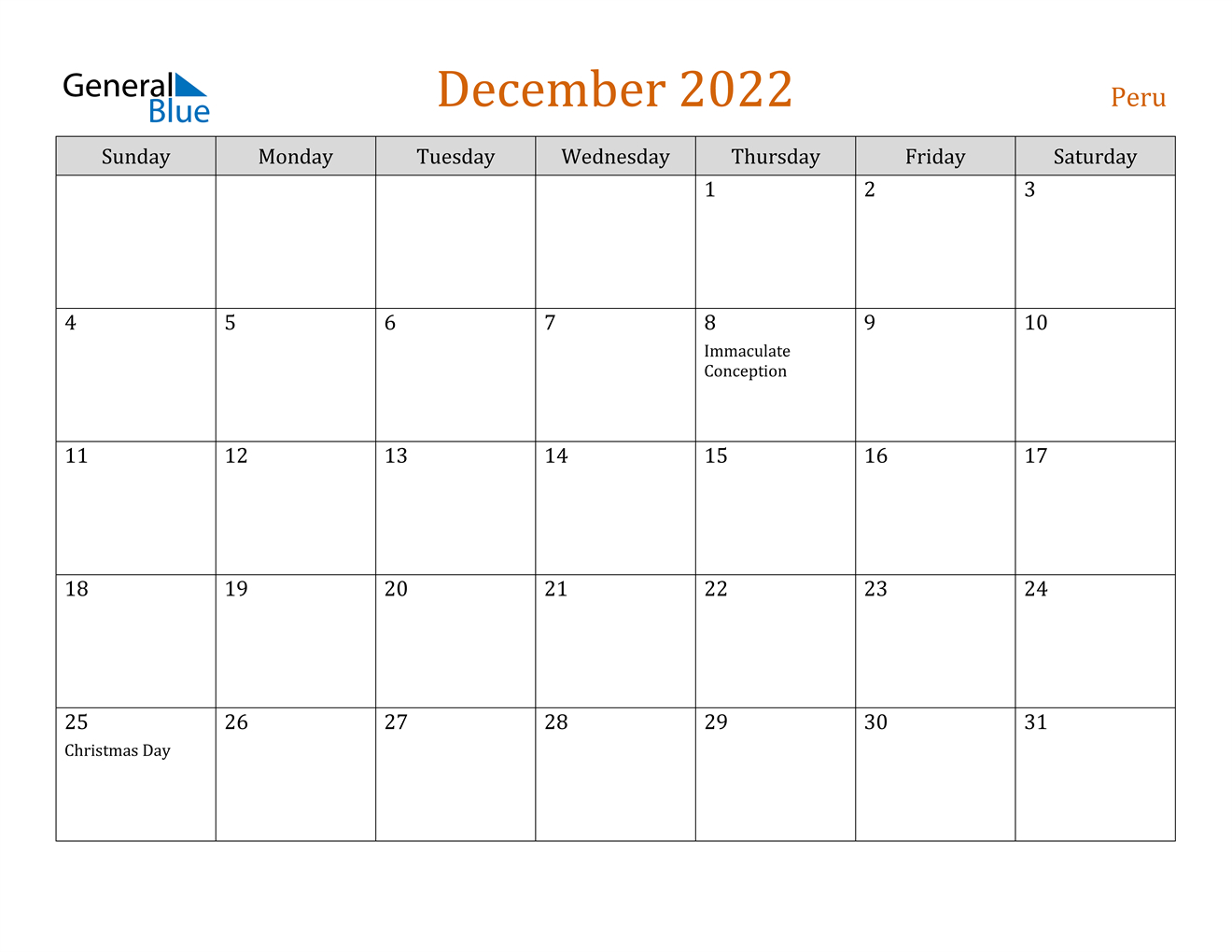December 2022 Calendar - Peru December Printable Calendar 2022