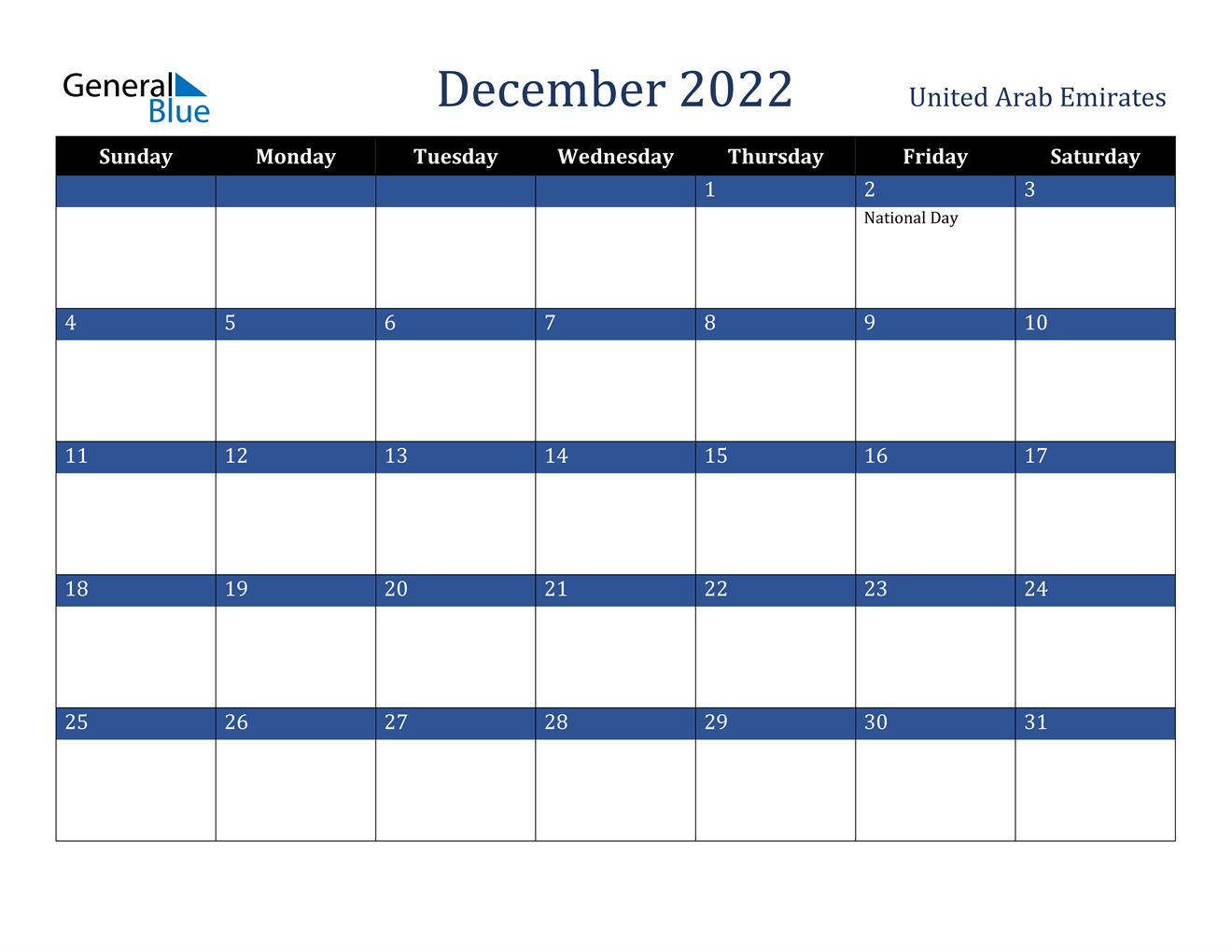 December 2022 Calendar - United Arab Emirates Calendar For December 2022