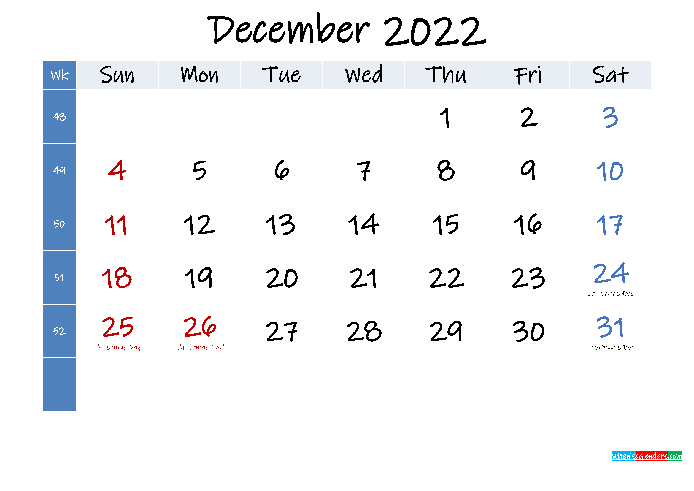 December 2022 Free Printable Calendar With Holidays Calendar For December 2022