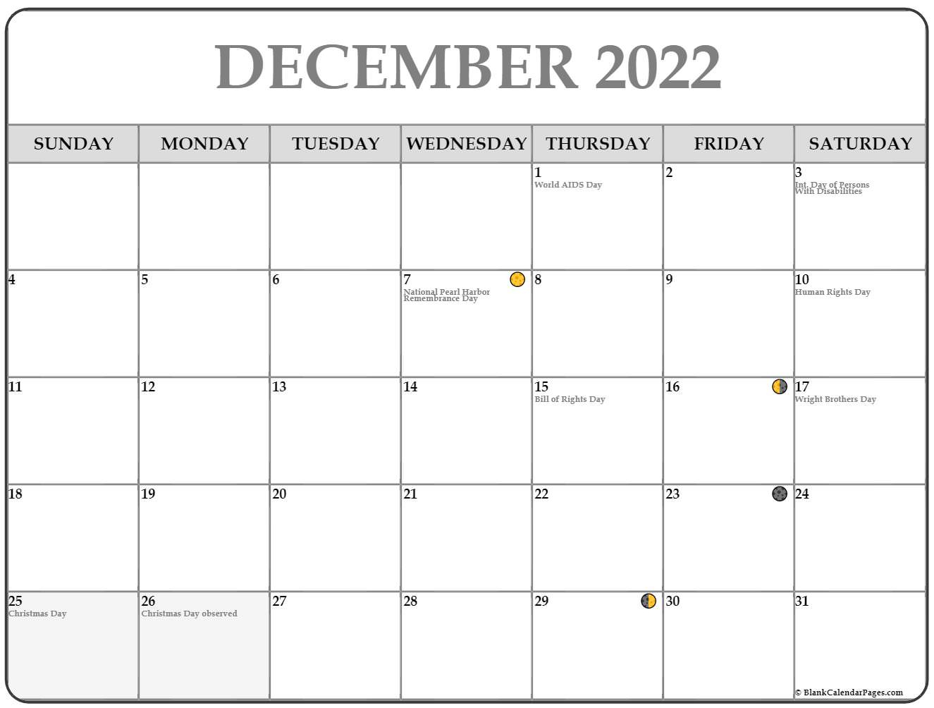 December 2022 Lunar Calendar | Moon Phase Calendar Calendar December 2022 Printable