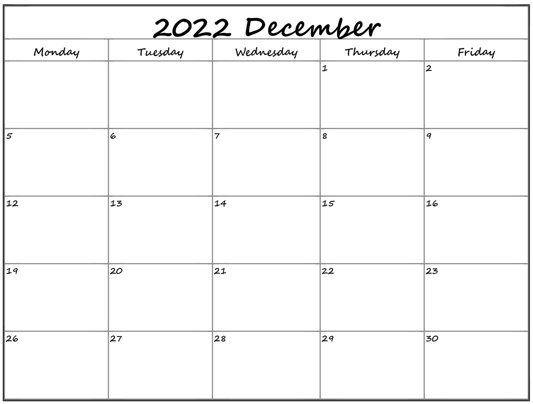 December 2022 Monday Calendar | Monday To Sunday Calendar December 2022 Printable
