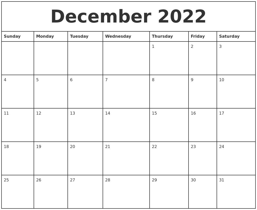 December 2022 Printable Monthly Calendar Free Printable Calendars Monthly Januaary To December
