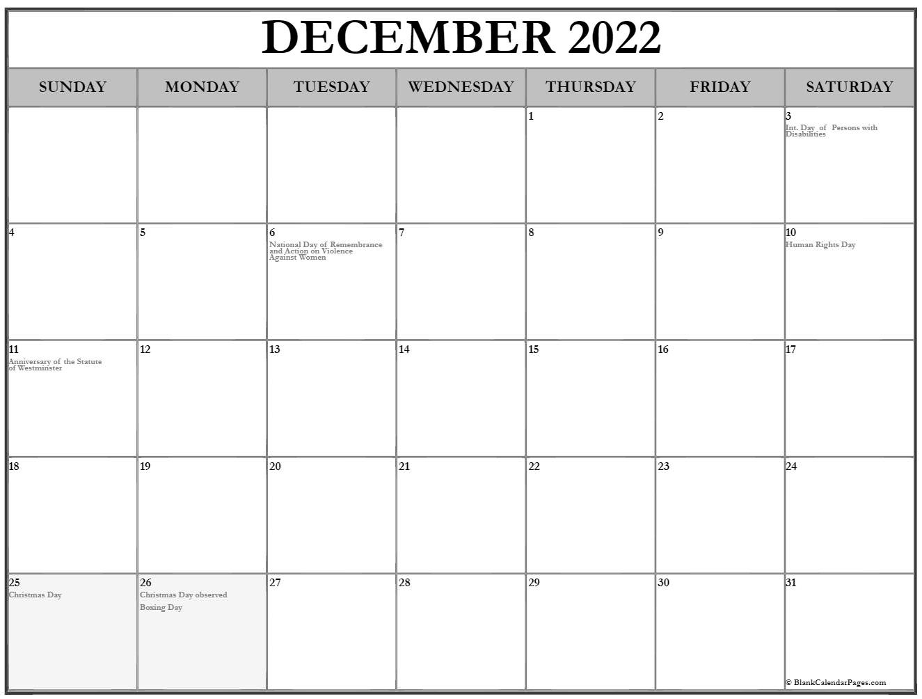 December 2022 With Holidays Calendar December 2022 Printable Calendar With Holidays