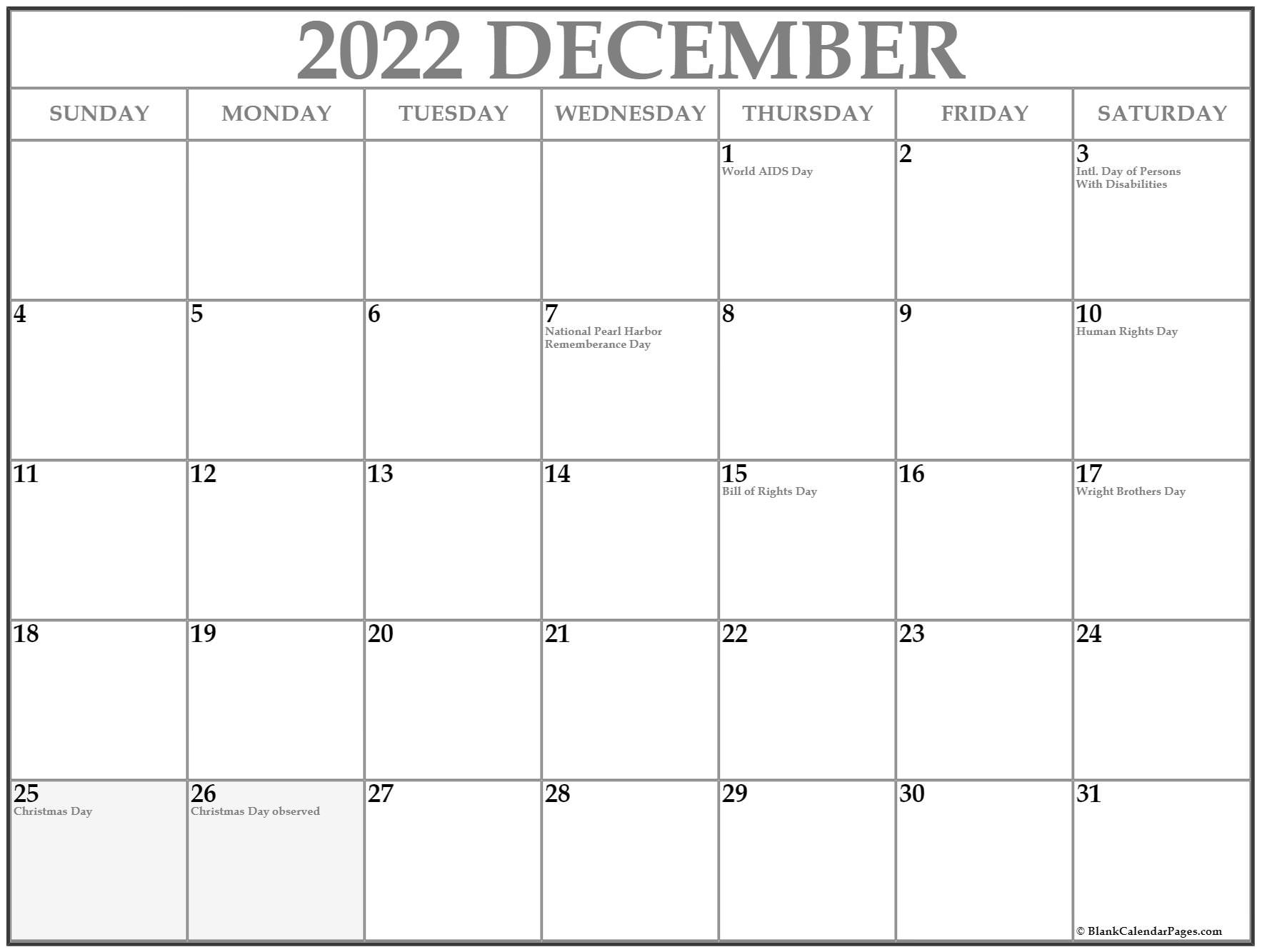 December 2022 With Holidays Calendar Printable Calendar December 2022