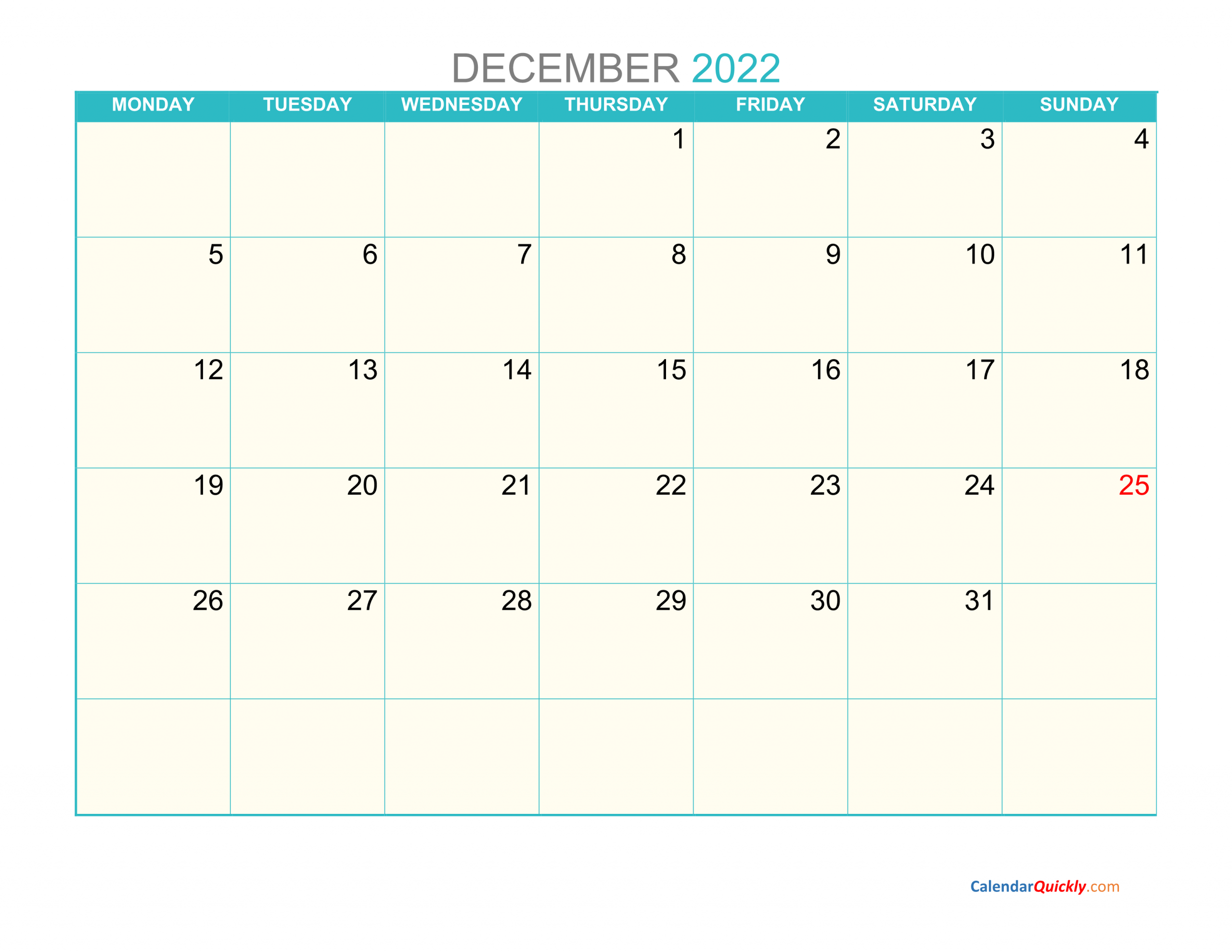 December Monday 2022 Calendar Printable | Calendar Quickly Printable Calendar December 2022