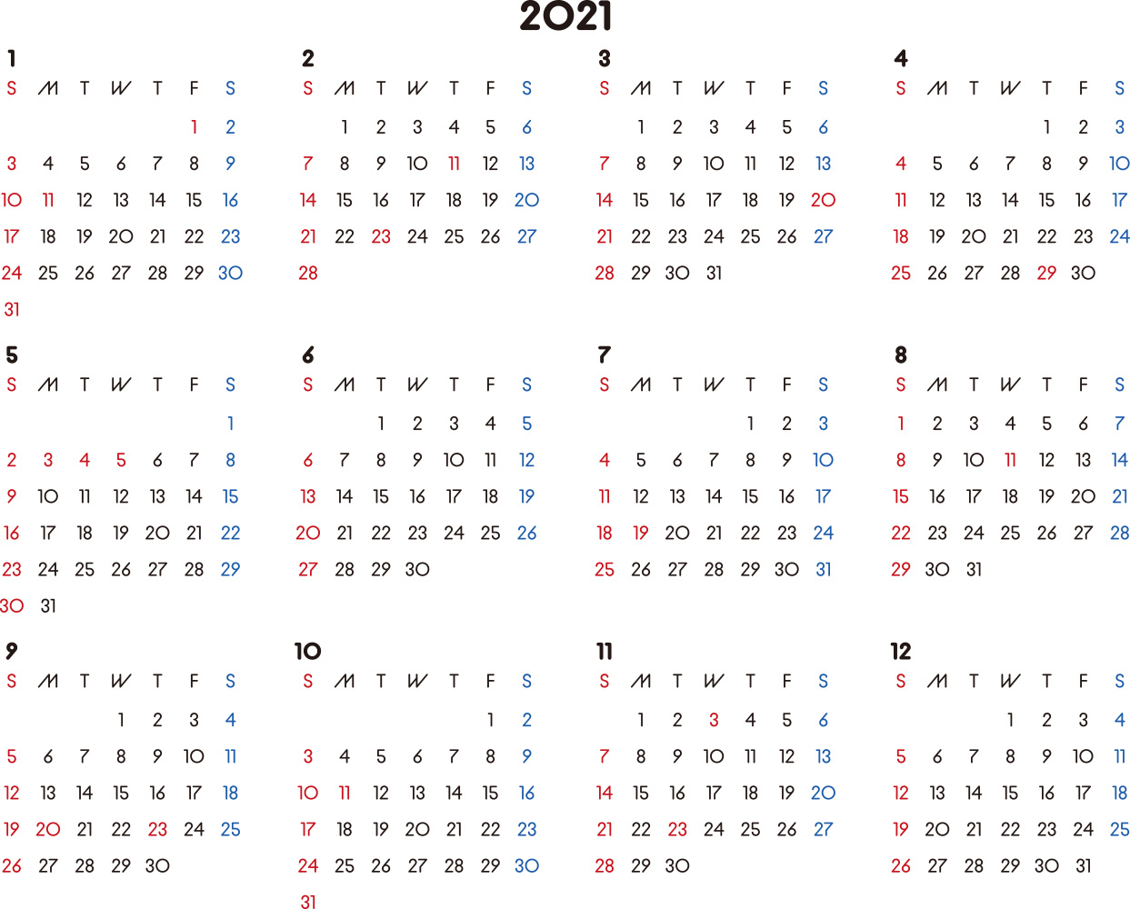 カレンダー 2021 無料｜シンプルなカレンダー A4 横型（日曜始まり）｜【公式】イラスト素材サイト「イラスト 2024 年間カレンダー 無料 ダウンロード