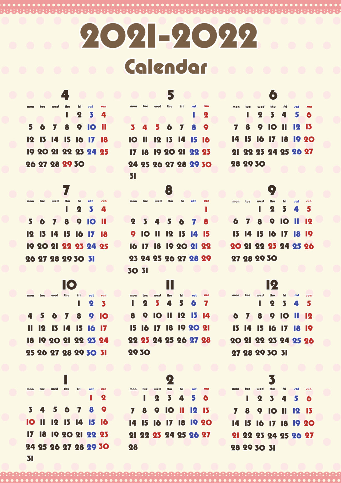 令和3年4月年間カレンダーガーリー月曜 | かくぬる工房 2024 年間カレンダー 無料 ダウンロード