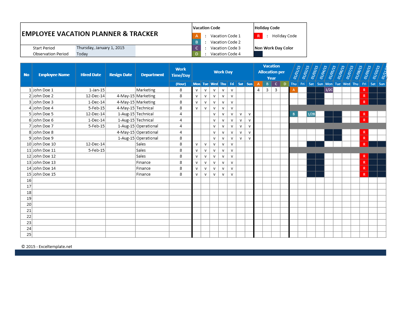 Employee Attendance Calendar And Vacation Planner Spreadsheet Hotel Calendar Printable