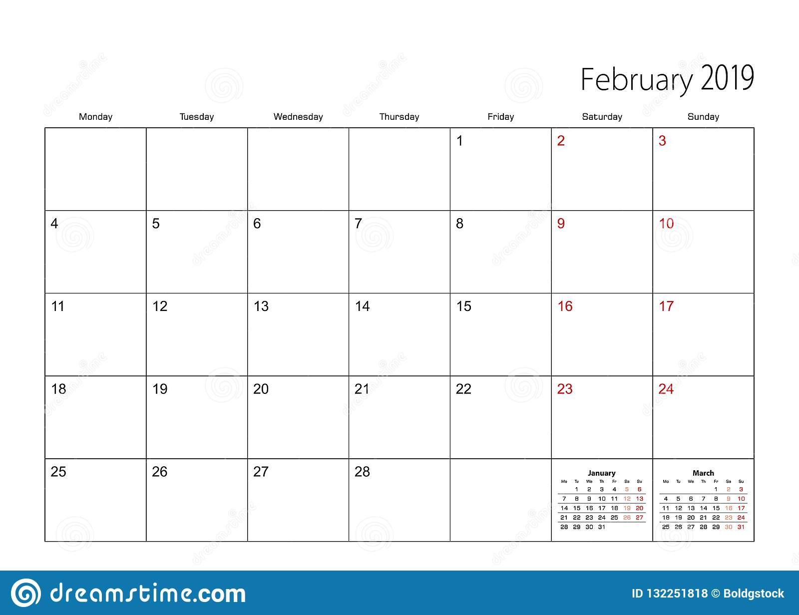 February 2019 Simple Calendar Planner, Week Starts From Prd Monthly Calendar Starts From Monday