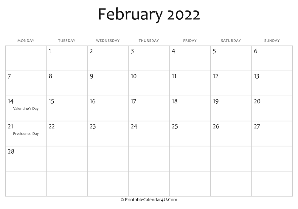 February 2022 Editable Calendar With Holidays Free Monthly Calendars That Can Be Edited