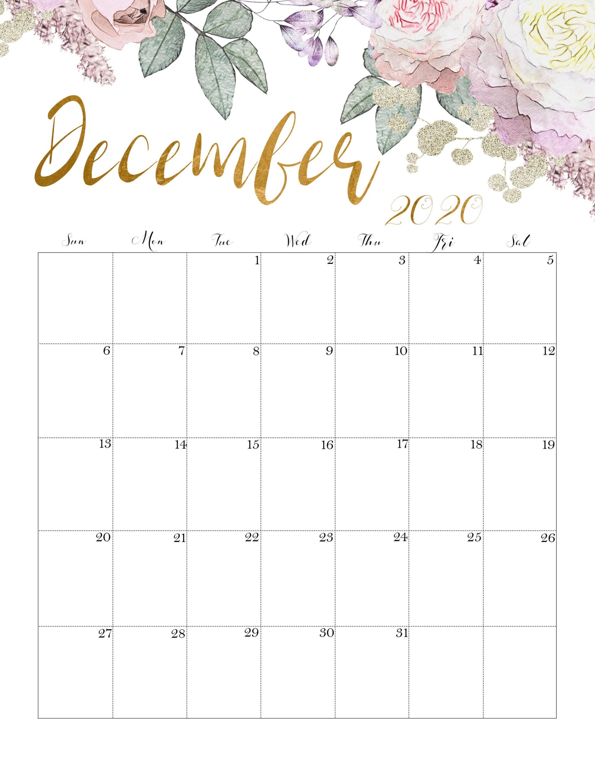 Floral December 2020 Calendar | Calendar Printables December 2022 Calendar Free Printable
