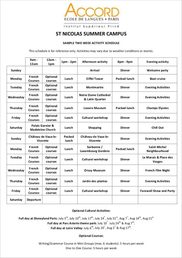 Free 11+ Activity Schedule Samples &amp; Templates In Pdf | Ms Two Week Calendar Pdf