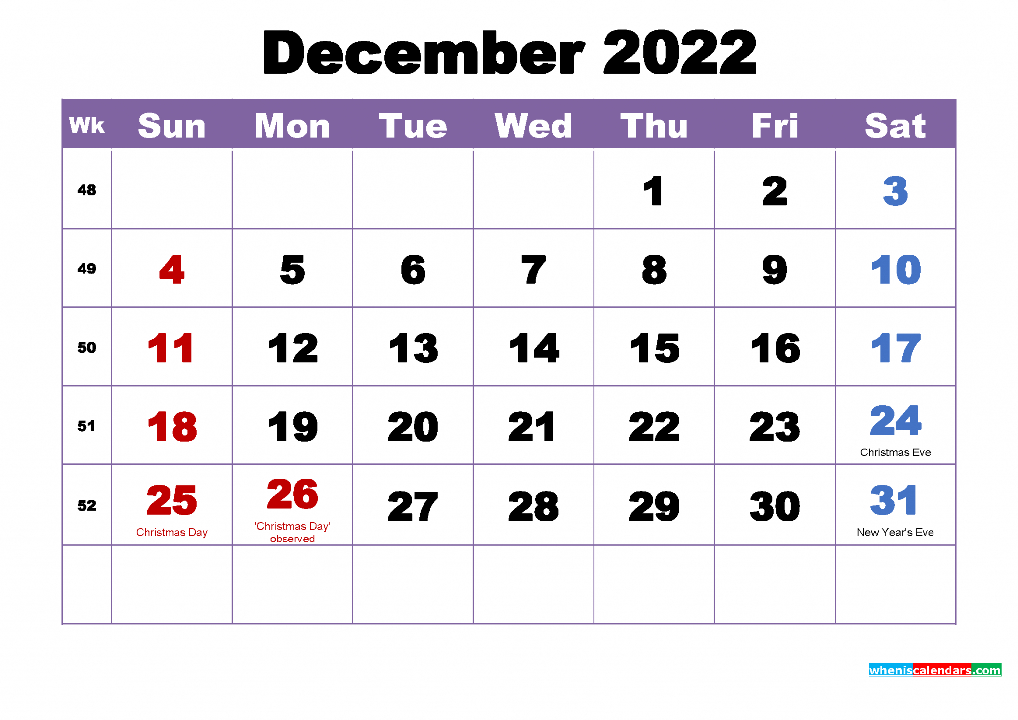 Free December 2022 Calendar With Holidays Printable December Printable Calendar 2022