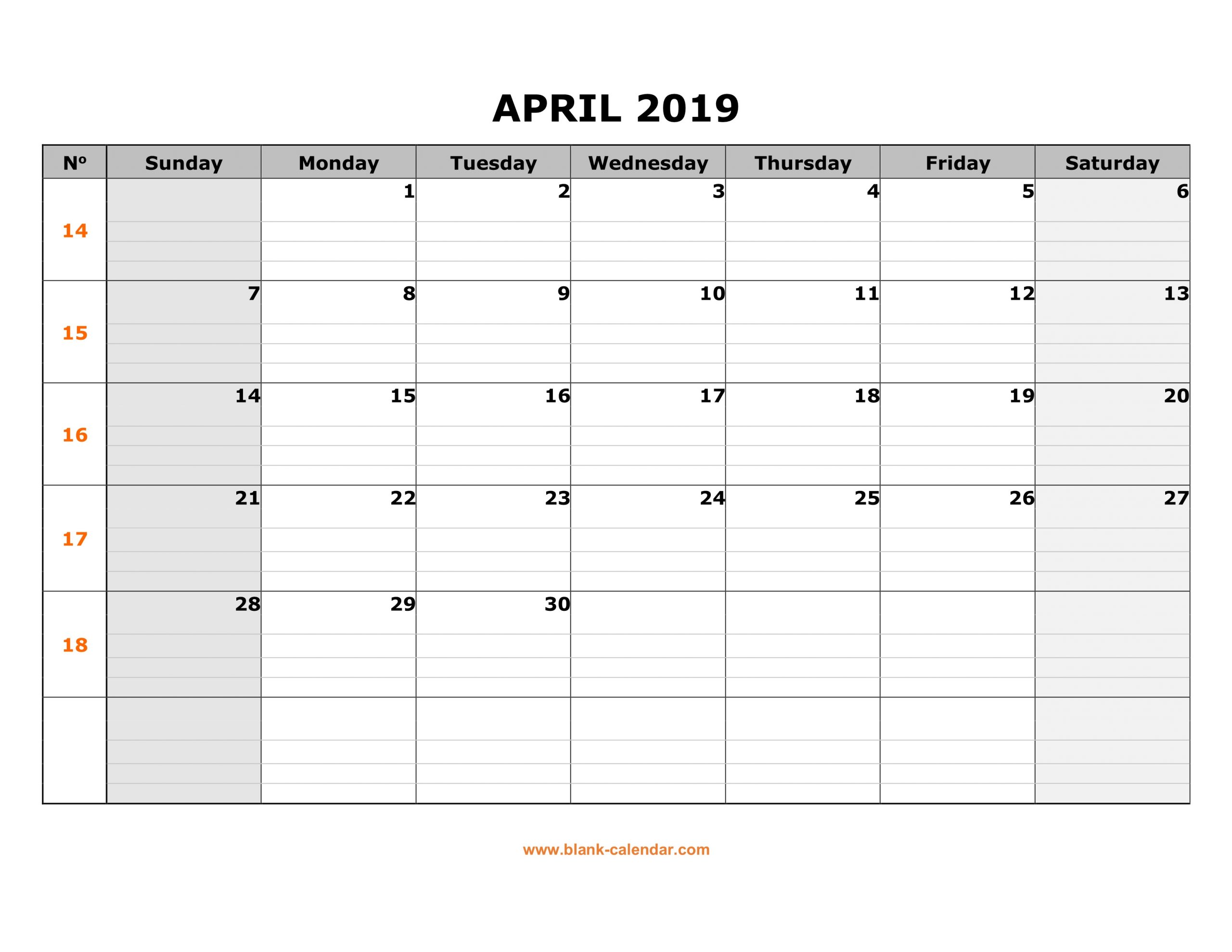 Free Download Printable April 2019 Calendar, Large Box Calendar Template With Large Boxes