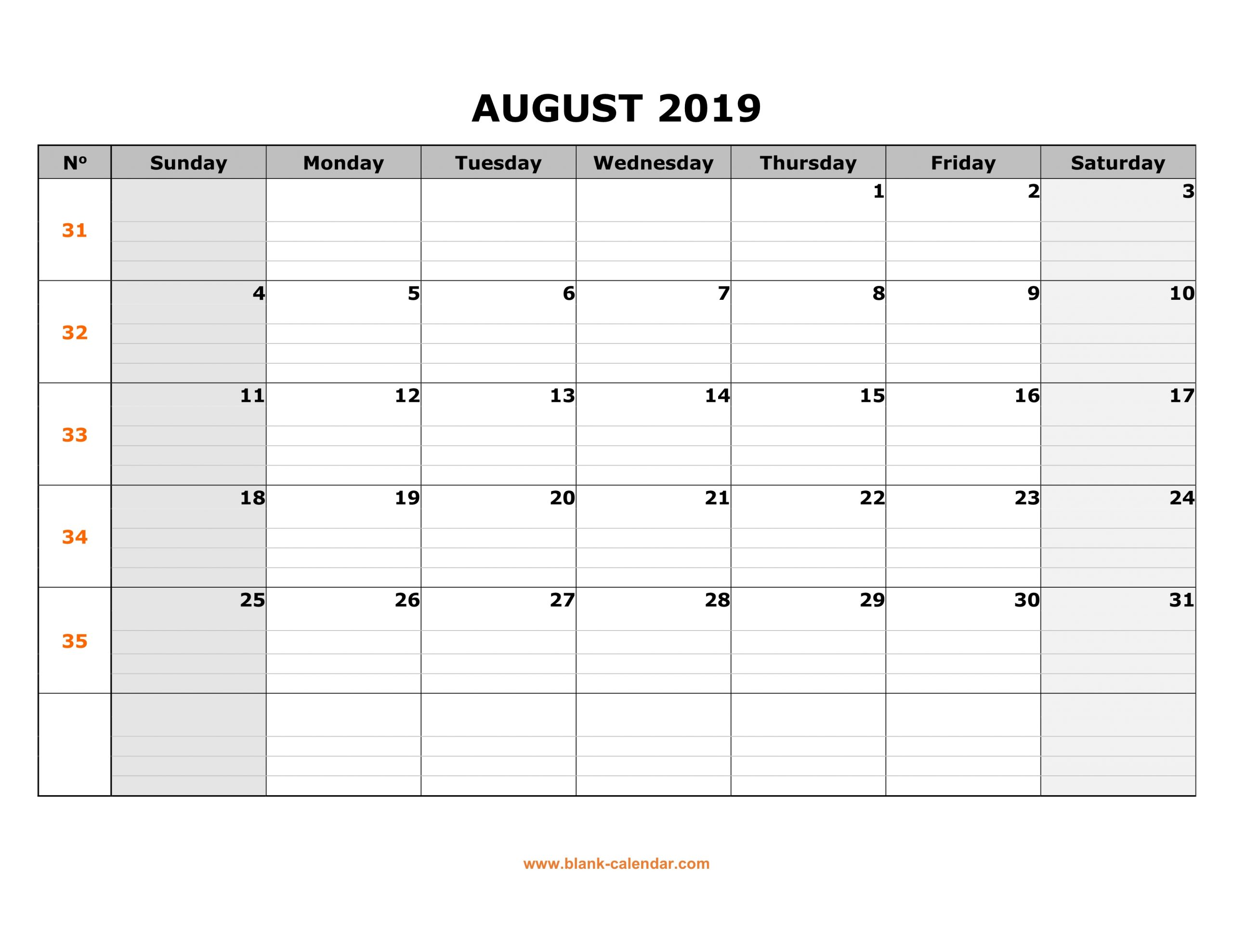Free Download Printable August 2019 Calendar, Large Box Free Blank Calendar Grid Printable