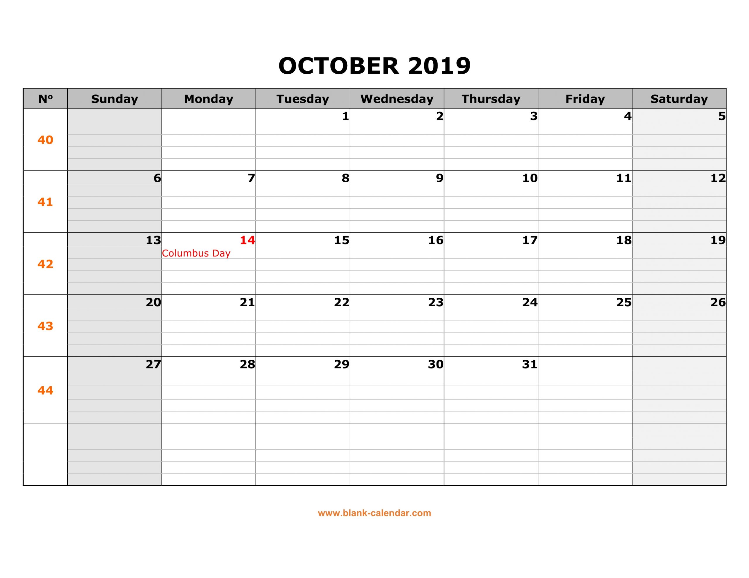 Free Download Printable October 2019 Calendar, Large Box Free Blank Calendar Grid Printable