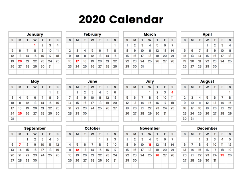 Free Printable 2020 Calendar - One Page Template | 12 1 Page 12 Month Calendar
