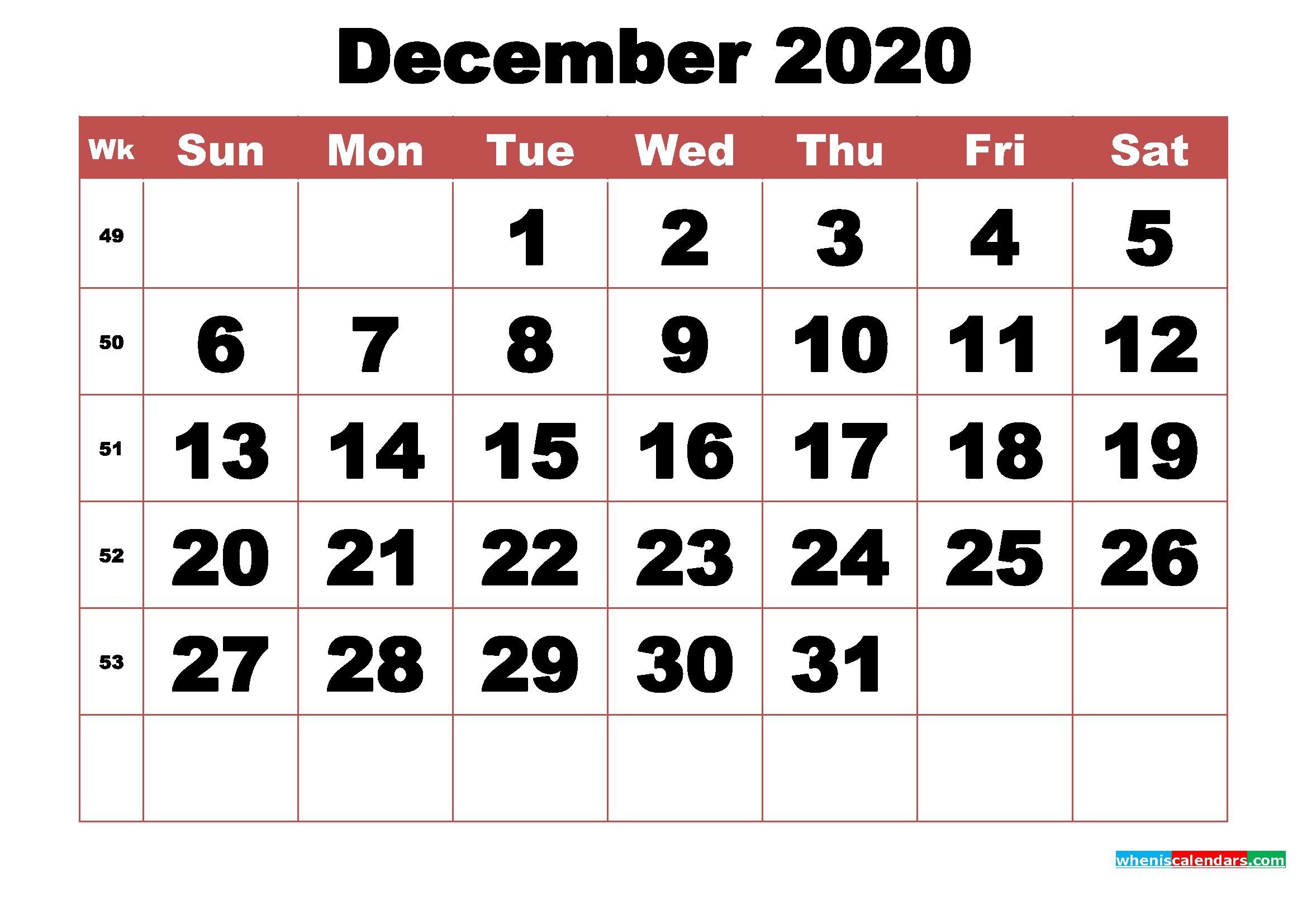 Free Printable December 2020 Calendar With Week Numbers December 2022 Calendar Free Printable