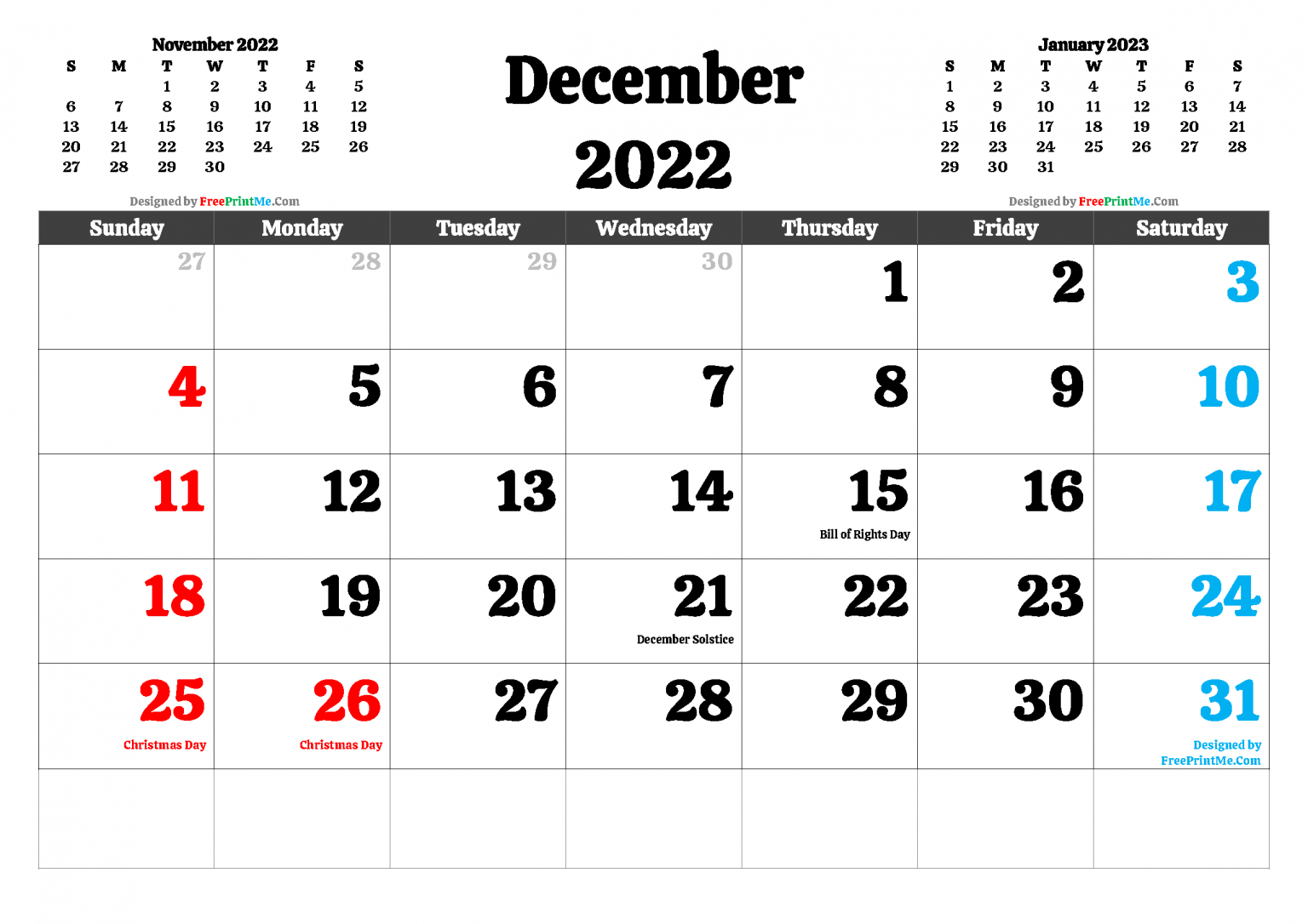 Free Printable December 2022 Calendar Pdf, Png Image Calendar December 2022 Printable