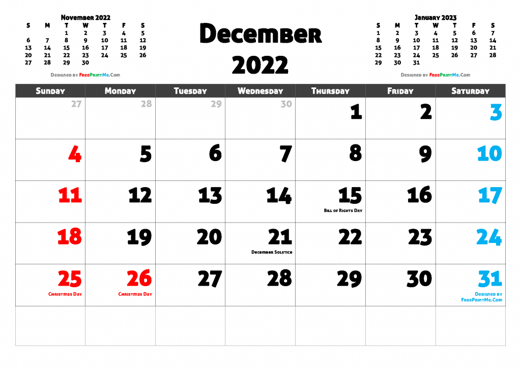 Free Printable December 2022 Calendar Pdf, Png Image Printable Calendar December 2022