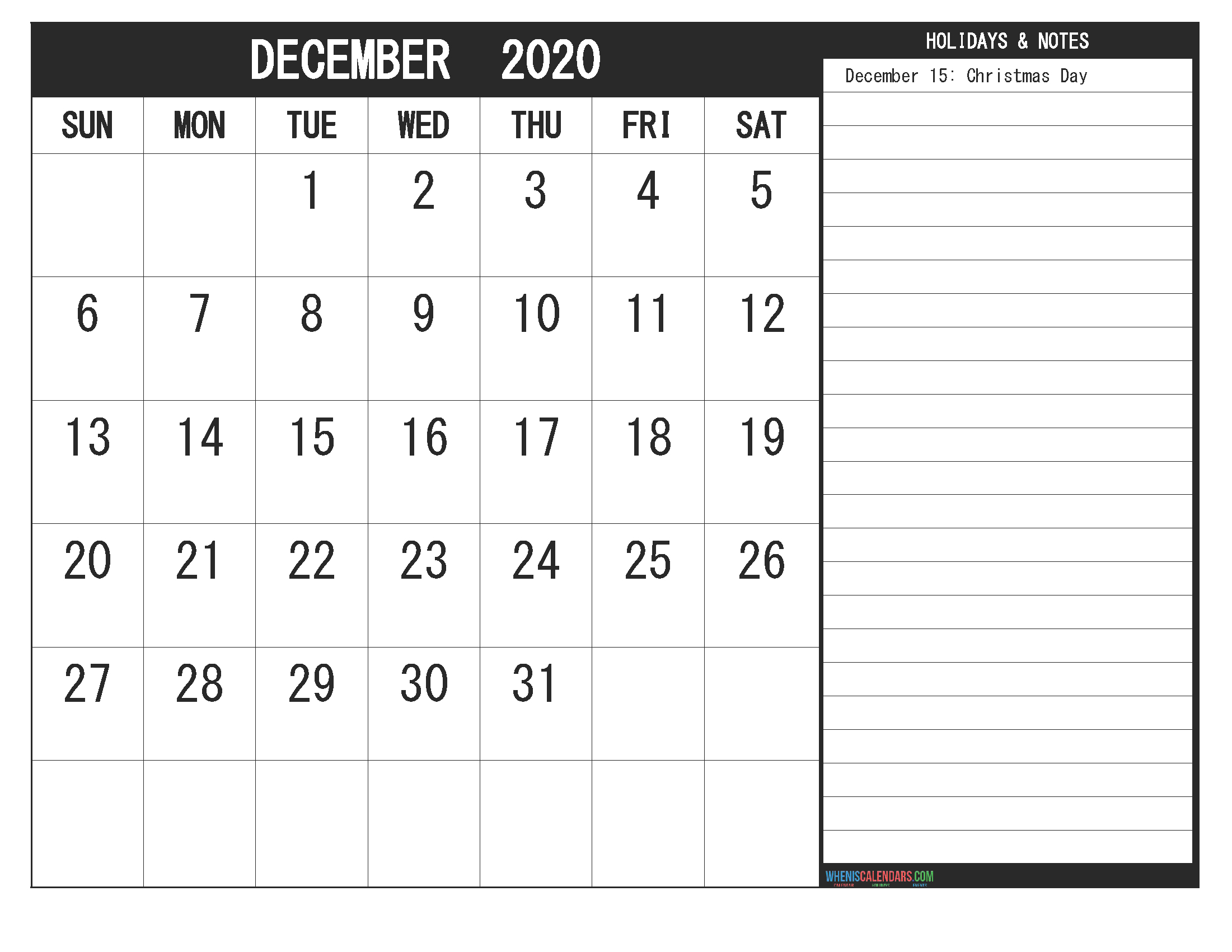 Get December 2020 Calendar With Holidays Printable Printable December Calendar With Holidays