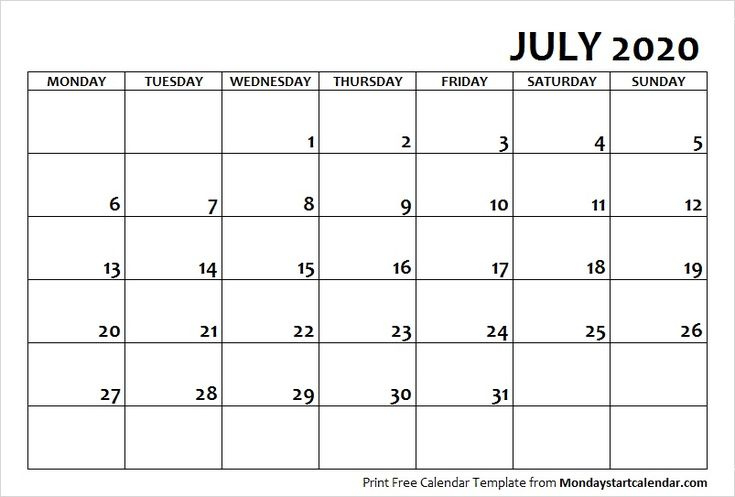 July 2020 Calendar Monday Start | July Month Template Prd Monthly Calendar Starts From Monday