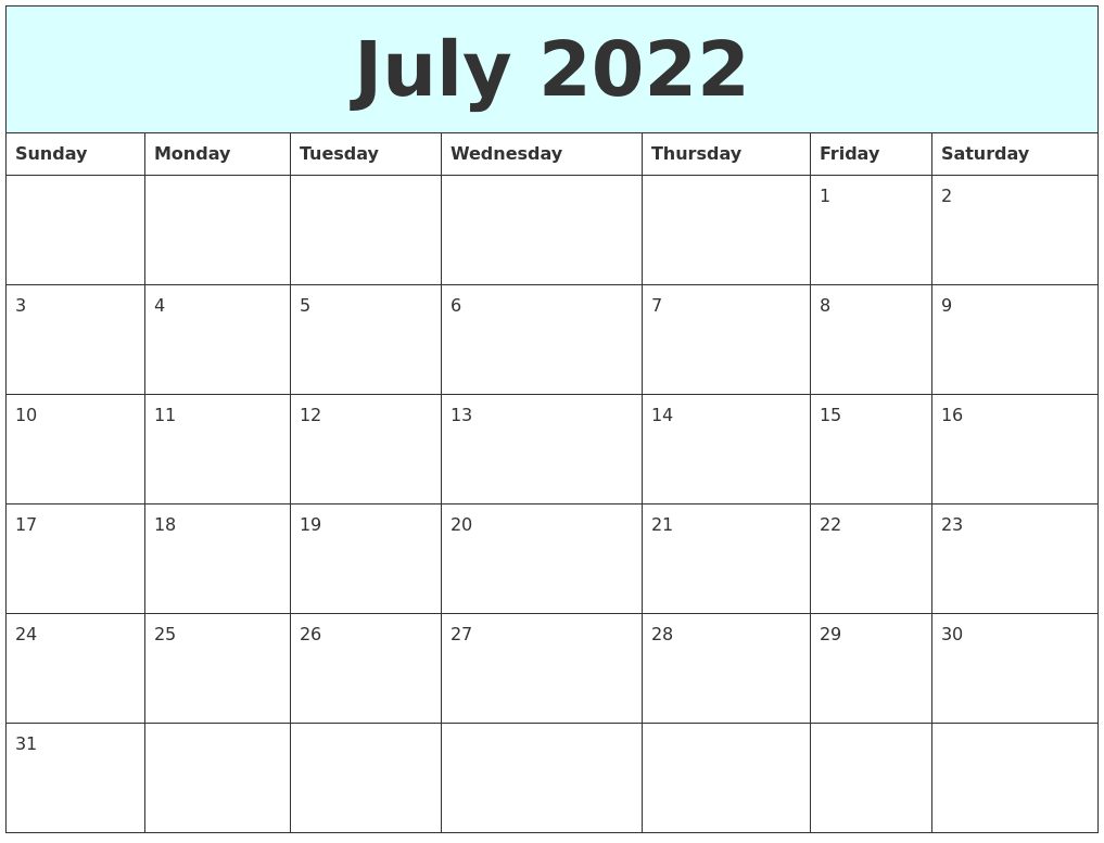 July 2022 Free Calendar 8X11 Printable Monthly Calendar