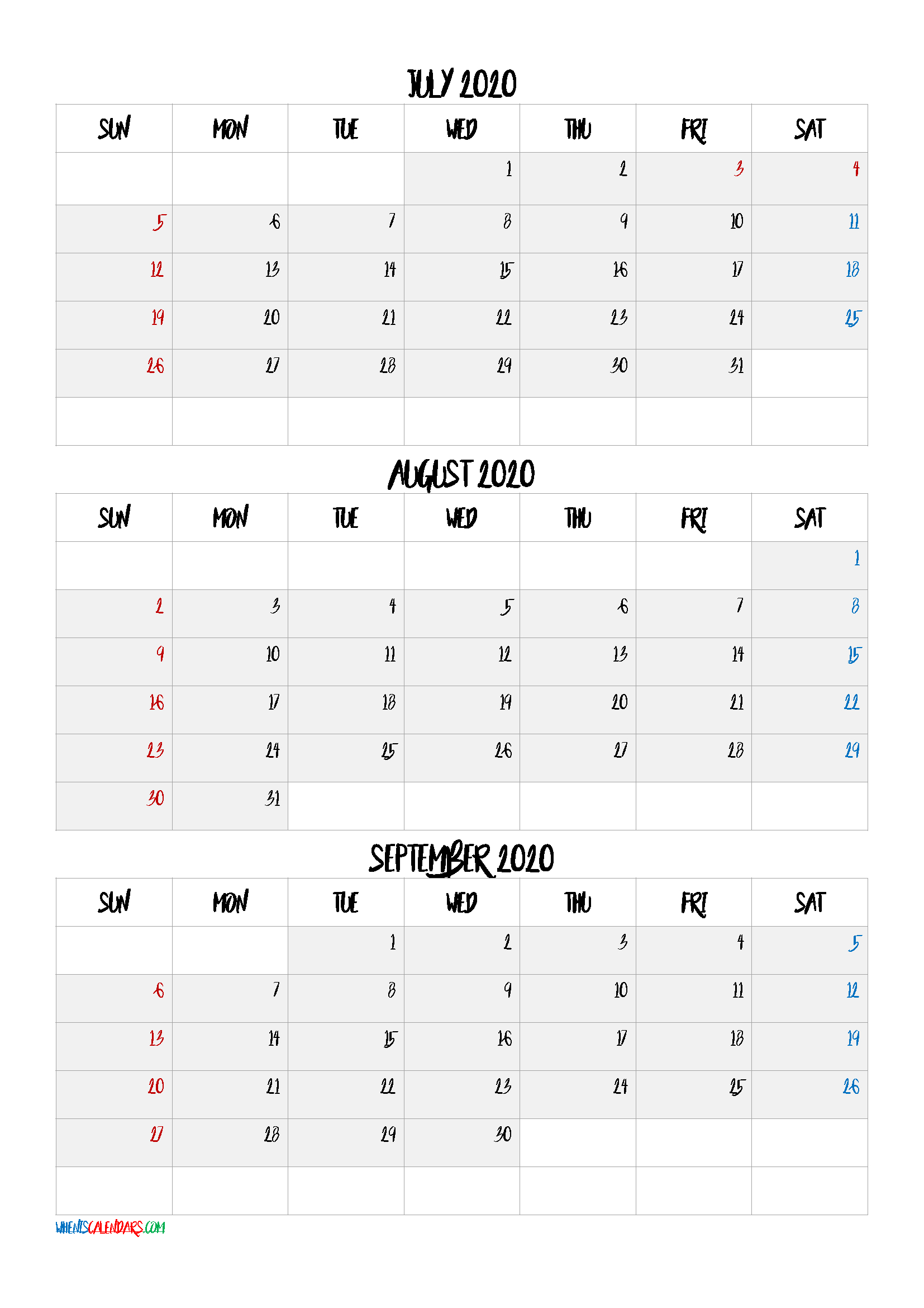 July August September 2020 Printable Calendar [Q1-Q2-Q3-Q4] Q1 Q2 Q3 Q4 カレンダー