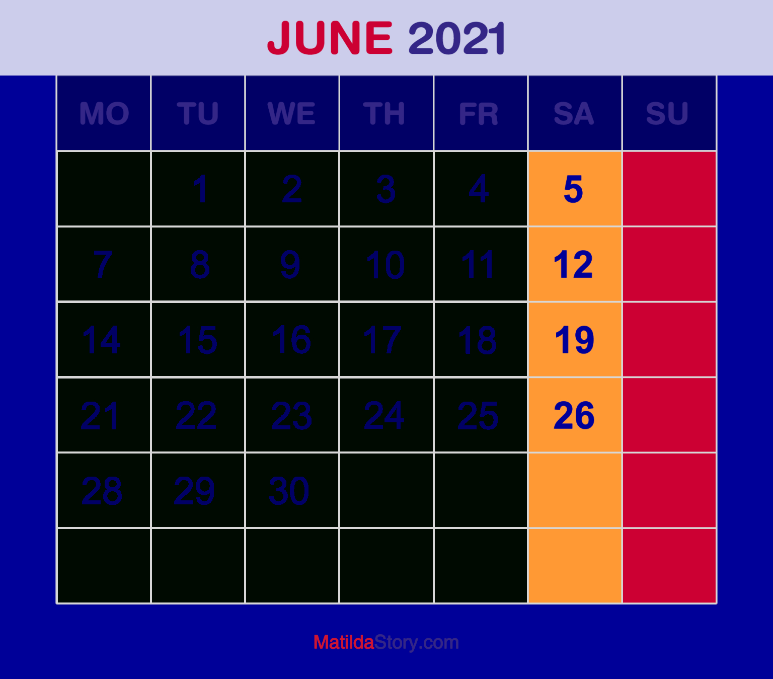 June 2021 Monthly Calendar, Monthly Planner, Printable Prd Monthly Calendar Starts From Monday