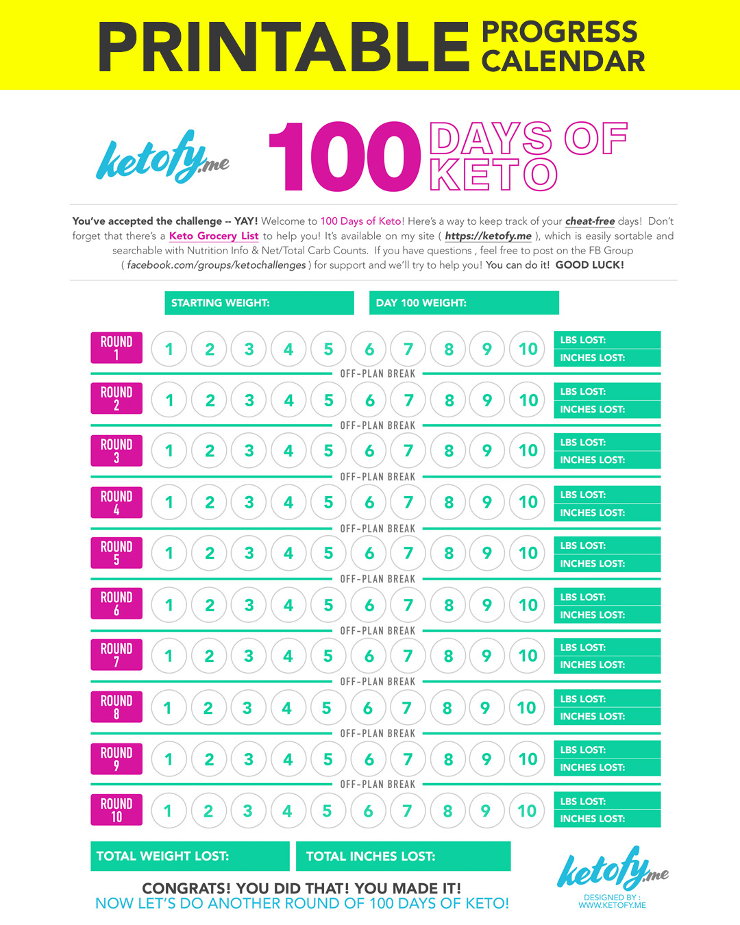 Keto ~ Fy Me | Cut Carbs, Not Flavor! • 100 Days Of Keto 100 Day Free Printable Calendar