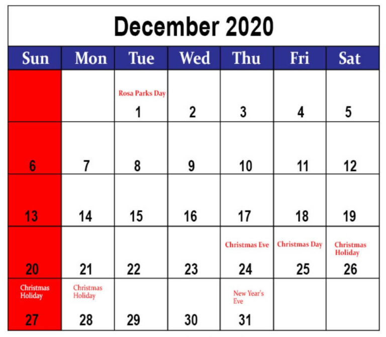 List Of December Holidays 2020 - December 2020 Calendar Printable December Calendar With Holidays