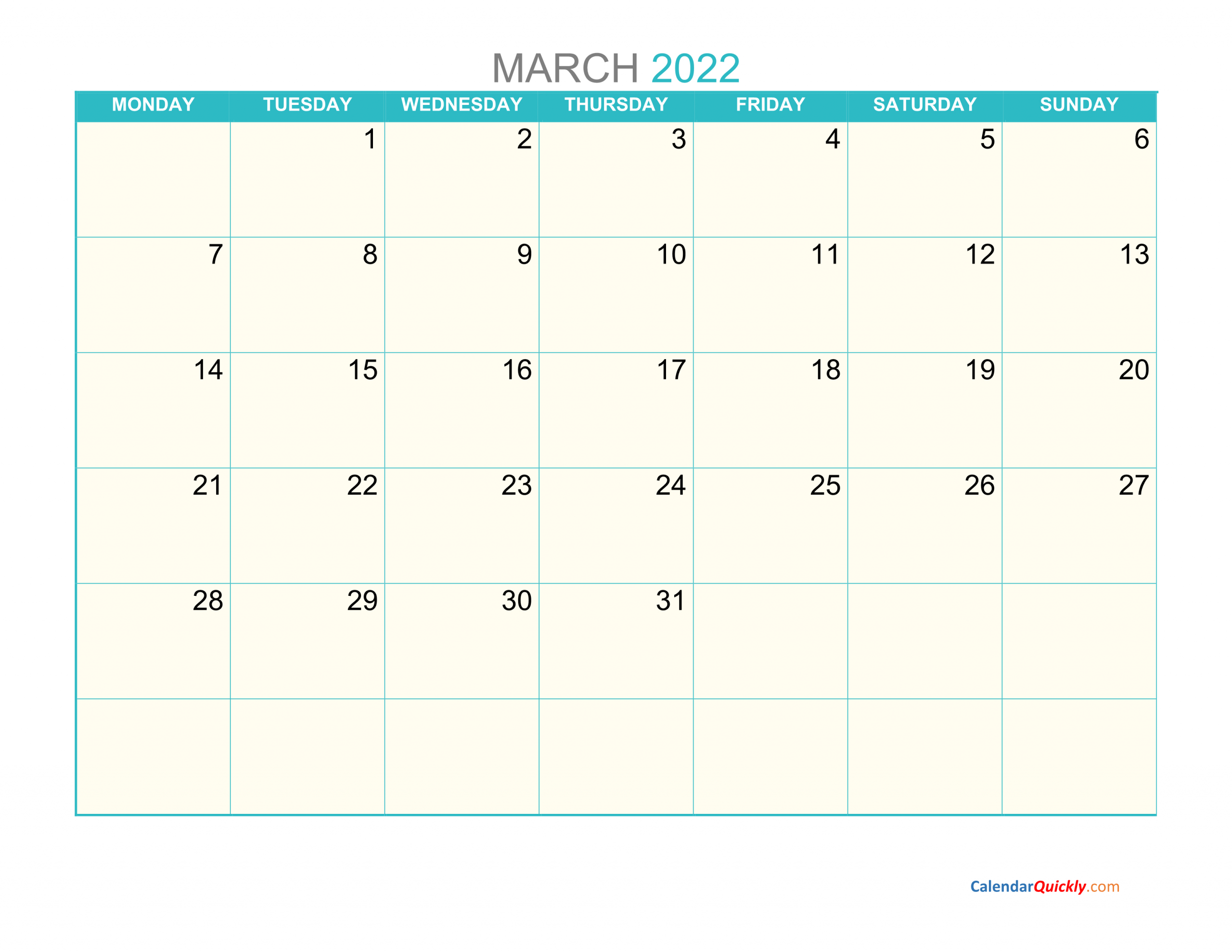 March Monday 2022 Calendar Printable | Calendar Quickly Prd Monthly Calendar Starts From Monday