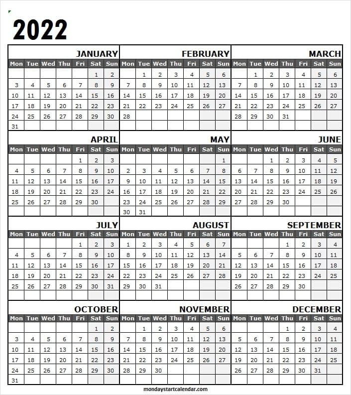 Monday Start 2022 Calendar Template Excel | Jan To Dec Prd Monthly Calendar Starts From Monday