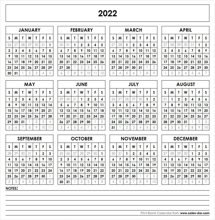 Monthly 2022 Printable Calendar One Page - Yearly 1 Page 12 Month Calendar