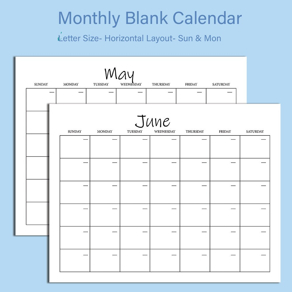 Monthly Blank Calendar Simple Calendar 11 X 8.5 Inches | Etsy Blank Monthly Calendar 8.5 X 11 Printable