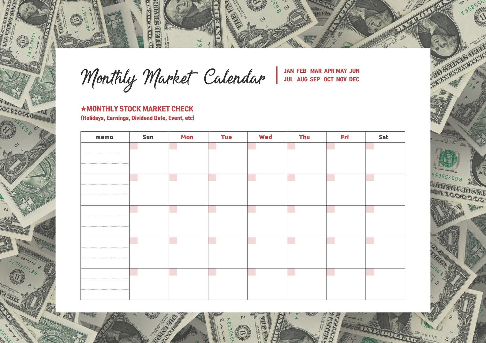 Monthly/Weekly Stock Market Calendar L Printable 2 Pdf | Etsy Two Week Printable Calendar Pdf