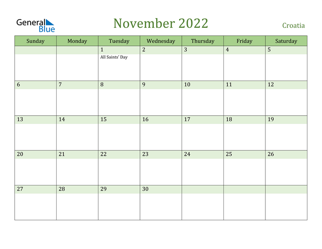 November 2022 Calendar - Croatia November And December 2022