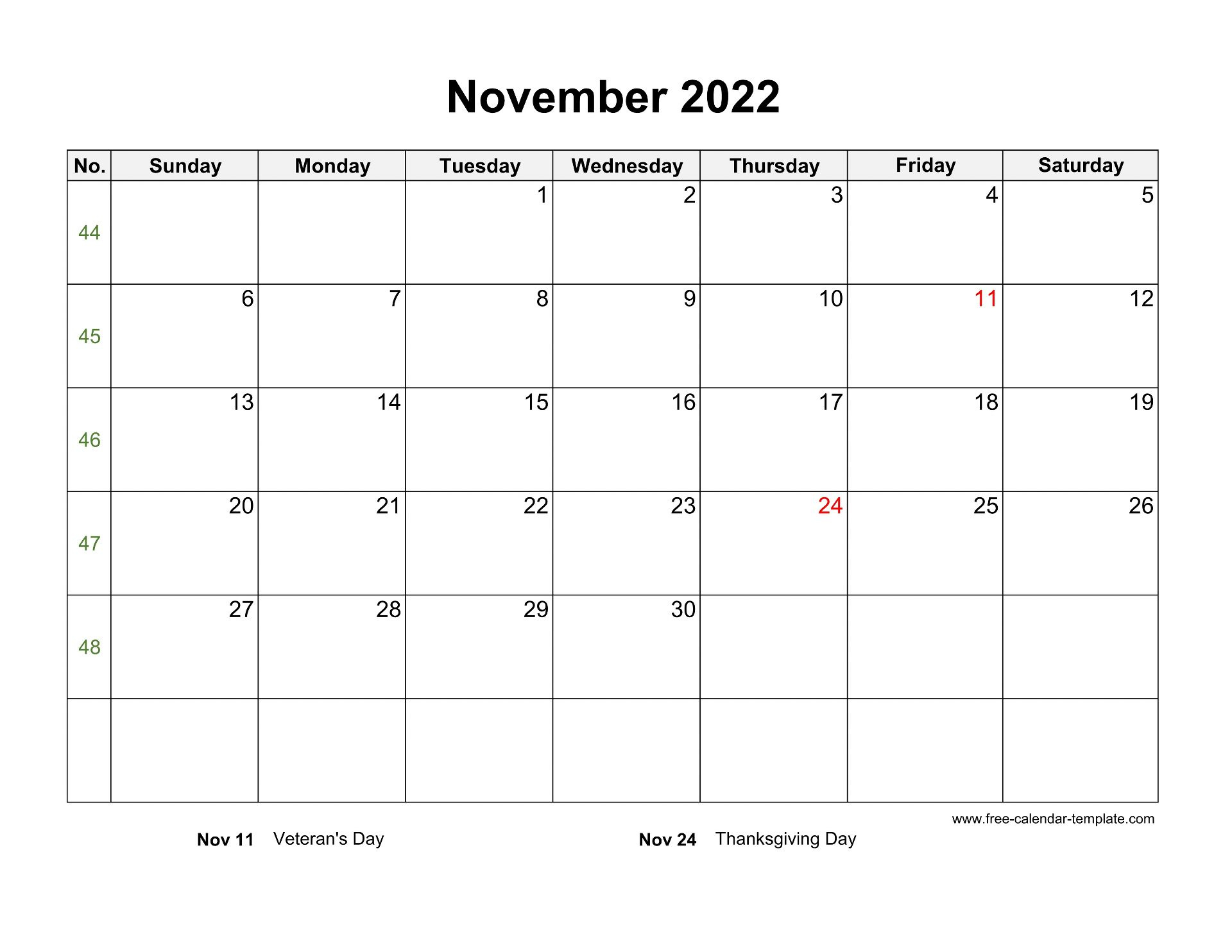 November 2022 Free Calendar Tempplate | Free-Calendar November 2022 Calendar Template