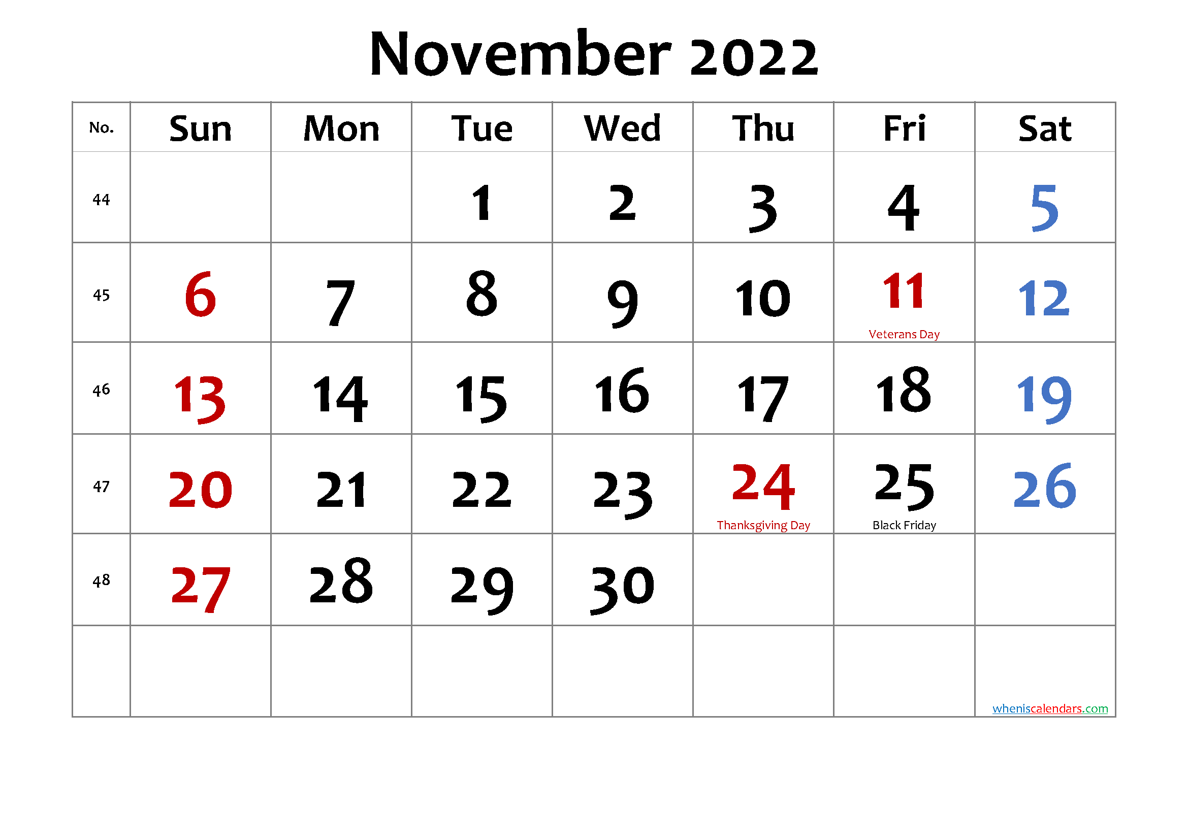November 2022 Printable Calendar With Holidays November December 2022 Calendar