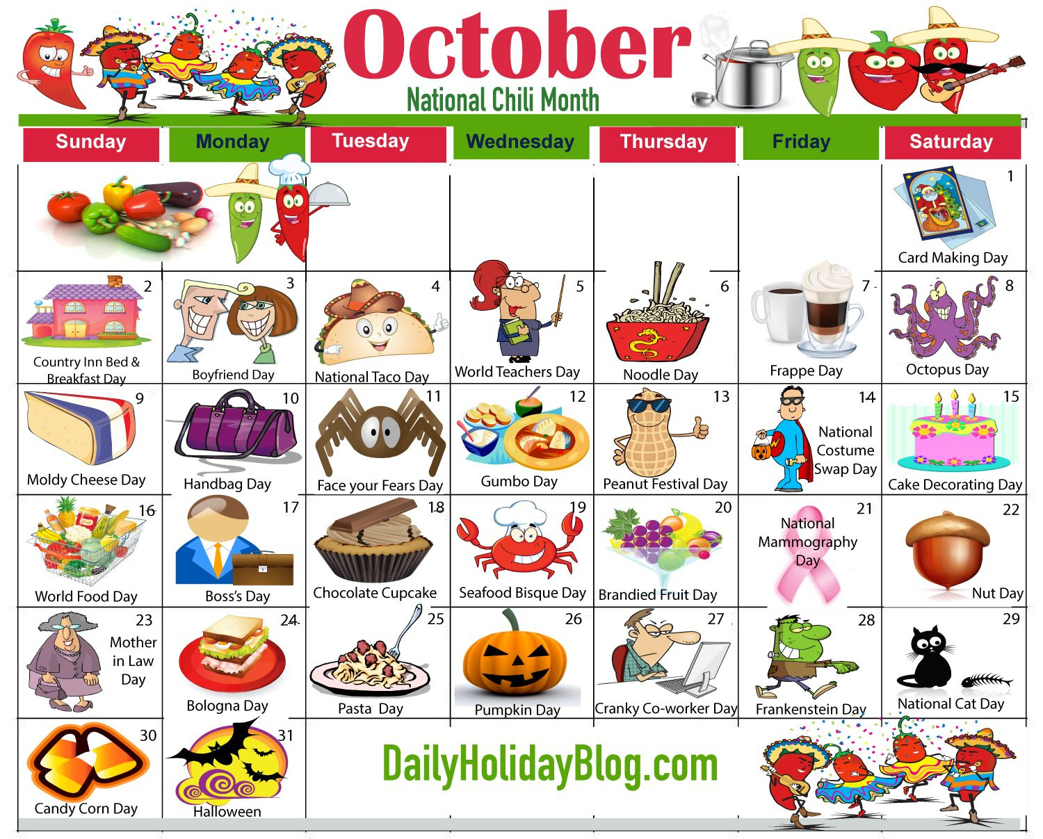 Oct-Calendar-2016 | Holiday Calendar, Calendar, Weird Holidays Themes For Each Calendar Month