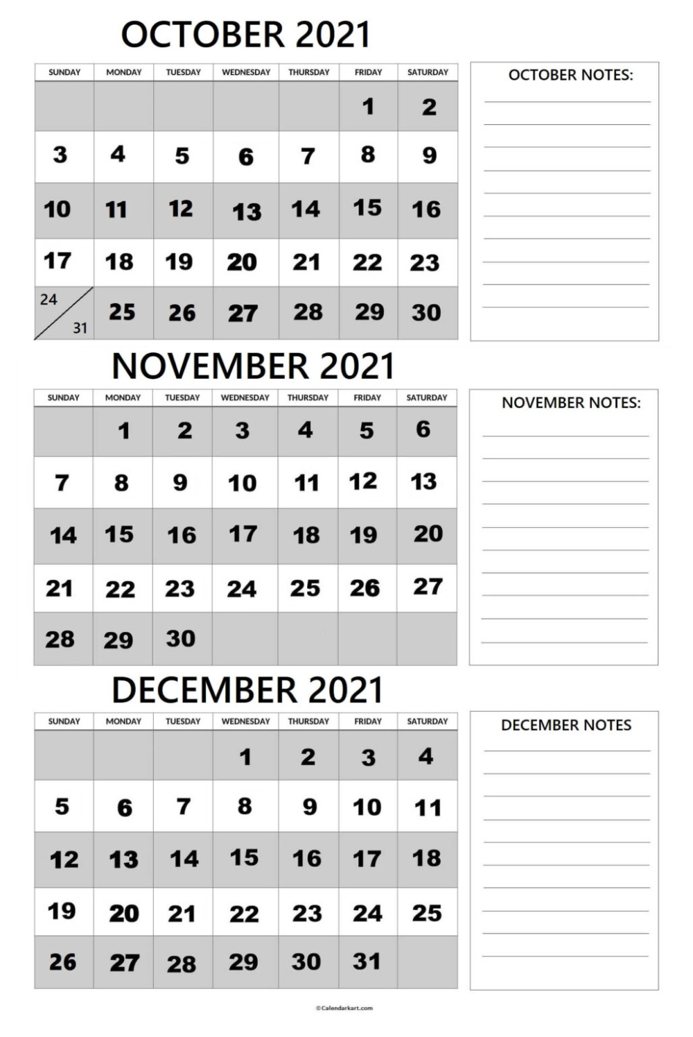 October To December 2021 Calendar (Q4): 3 Month Per Page 3 Calendars On One Page