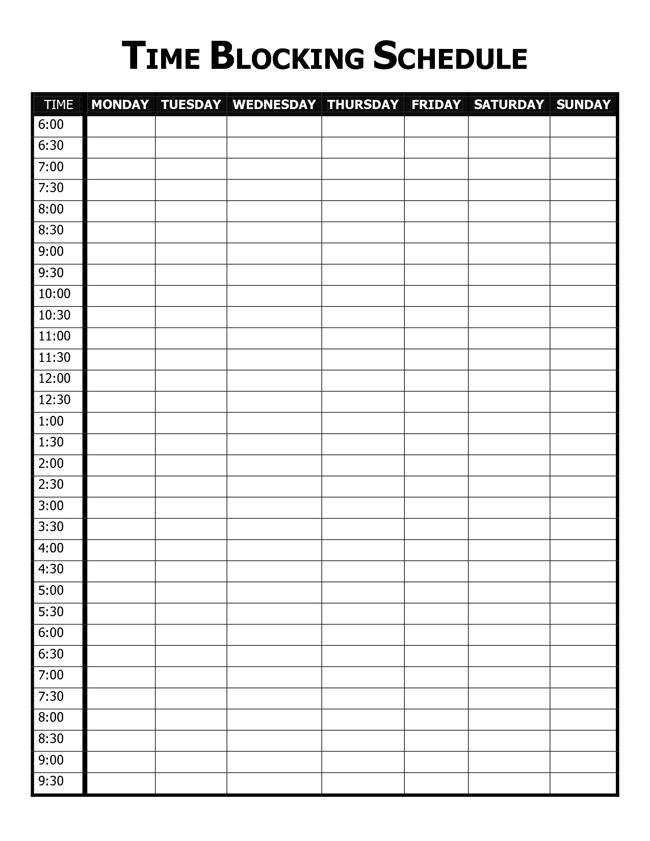 Perfect Black Calendar Template For Blocking Time In A Day Time And Date Calendars Printable