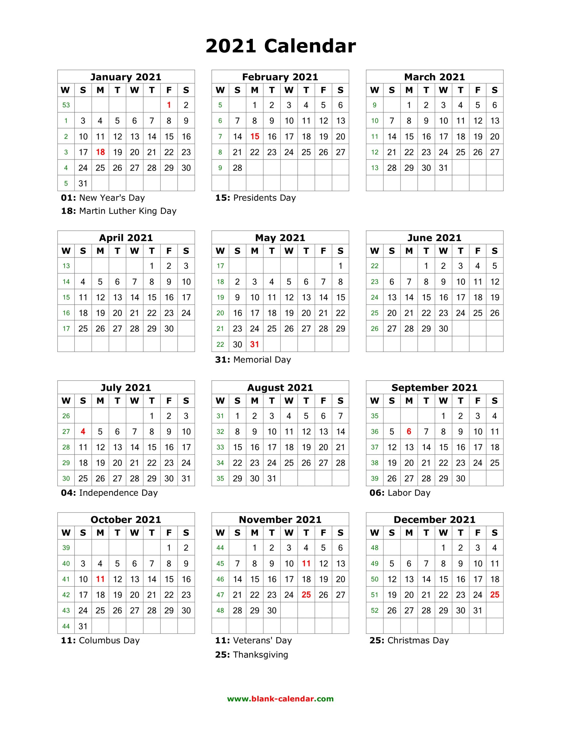 Printable 12 Month Calendar On One Page 2021 | 2021 Calendar 1 Page 12 Month Calendar