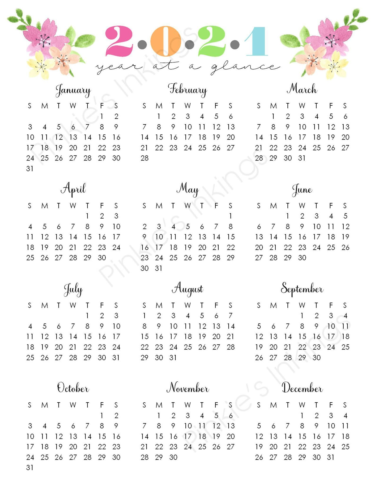 Printable 2021 Year At A Glance, 8.5&quot;X11&quot; Wall Calendar Printable 5 Year Calendar