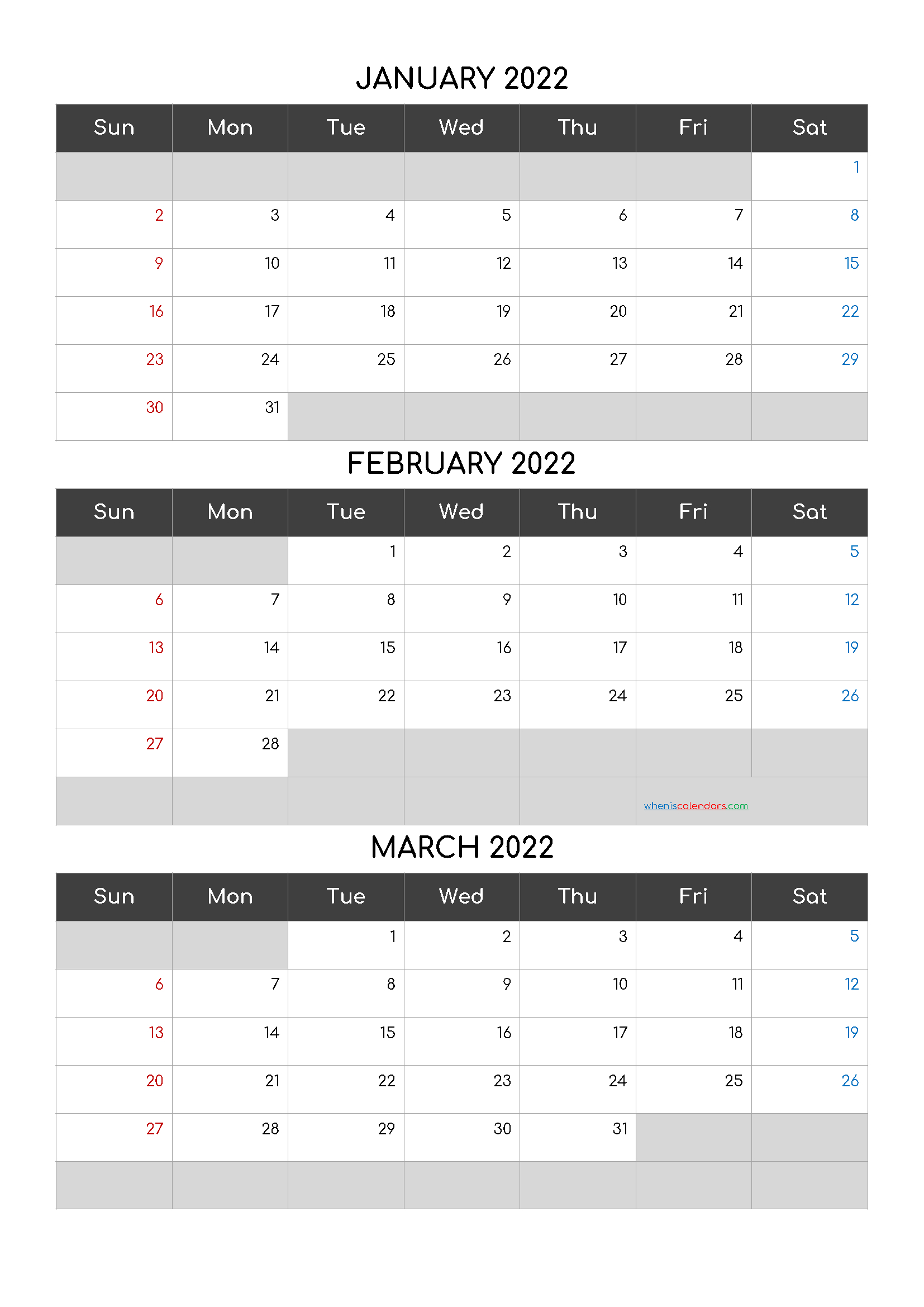 Printable Calendar January February March 2022 [Q1-Q2-Q3 Q1 Q2 Q3 Q4 カレンダー