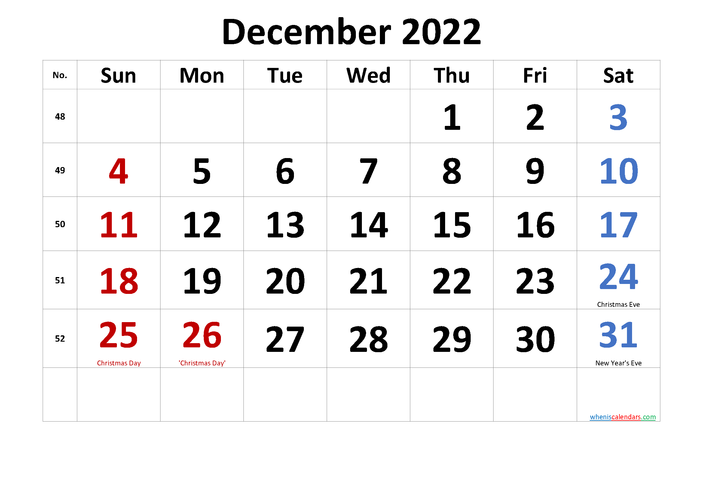 Printable December 2022 Calendar With Holidays December 2022 Printable Calendar With Holidays