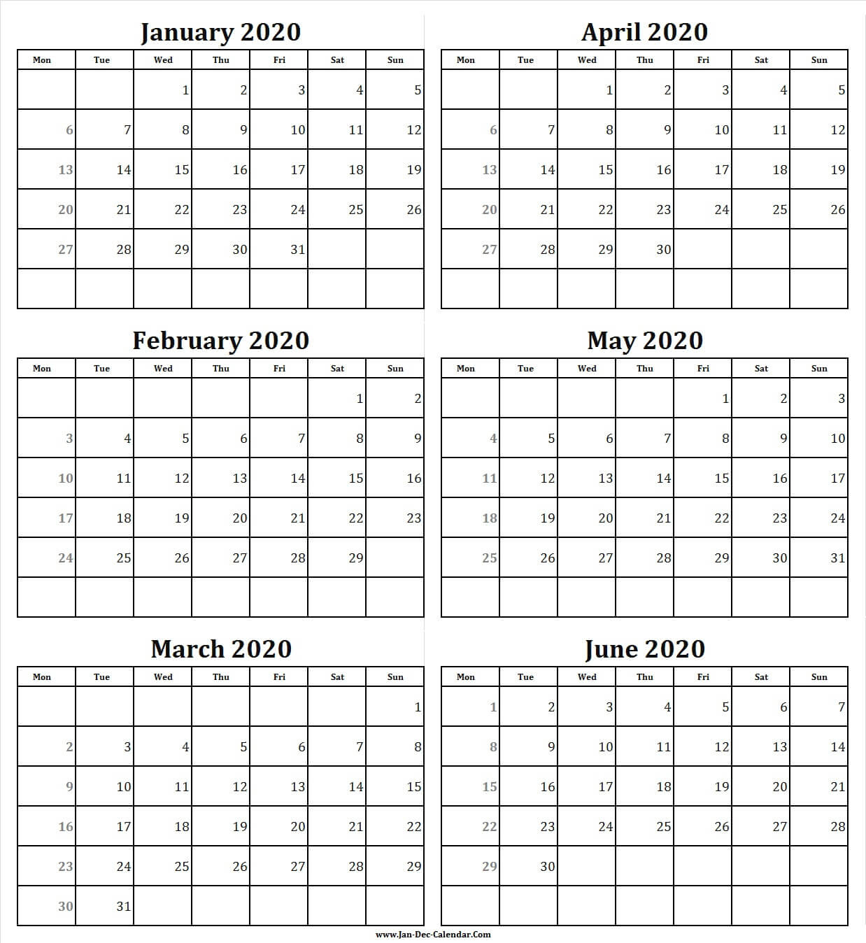Printable Six Month Calendar 2020 | Example Calendar Printable Printable 6 Month Calendar Free